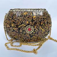 Nepali Handmade Big Ladies Bag With [stone Setting], [metal], [red And Golden Color]