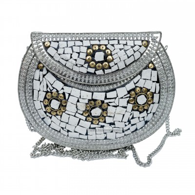 Nepali Handmade Big Ladies Bag With [stone Setting], [metal], [silver And White Color]