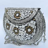Nepali Handmade Big Ladies Bag With [stone Setting], [metal], [silver And White Color]