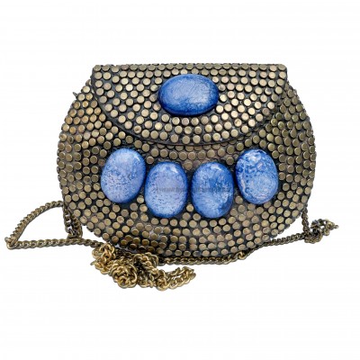 Nepali Handmade Big Ladies Bag With [stone Setting], [metal], [blue And Golden Color]