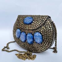 Nepali Handmade Big Ladies Bag With [stone Setting], [metal], [blue And Golden Color]
