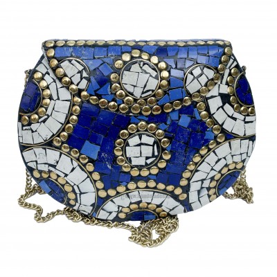 Nepali Handmade Big Ladies Bag With [stone Setting], [metal], [blue And White Color]