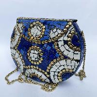 Nepali Handmade Big Ladies Bag With [stone Setting], [metal], [blue And White Color]