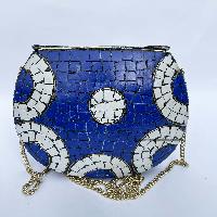 Nepali Handmade Big Ladies Bag With [stone Setting], [metal], [blue And White Color]