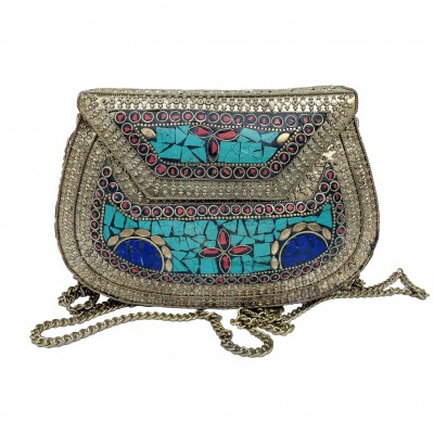 Nepali Handmade Big Ladies Bag With [stone Setting], [metal], [golden And Blue Color]