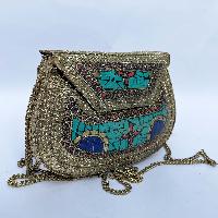 Nepali Handmade Big Ladies Bag With [stone Setting], [metal], [golden And Blue Color]