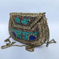 Nepali Handmade Big Ladies Bag With [stone Setting], [metal], [golden And Blue Color]