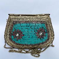 Nepali Handmade Big Ladies Bag With [stone Setting], [metal], [golden And Blue Color]