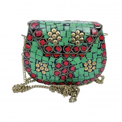 Nepali Handmade Small Ladies Bag With [stone Setting], [metal], [green And Red]