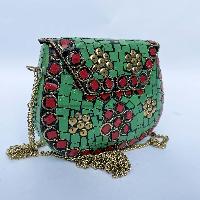 Nepali Handmade Small Ladies Bag With [stone Setting], [metal], [green And Red]