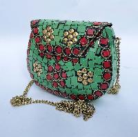Nepali Handmade Small Ladies Bag With [stone Setting], [metal], [green And Red]