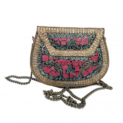 Nepali Handmade Small Ladies Bag With [stone Setting], [metal], [golden And Red Color]