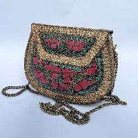 Nepali Handmade Small Ladies Bag With [stone Setting], [metal], [golden And Red Color]