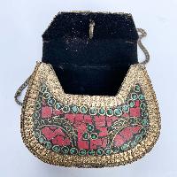 Nepali Handmade Small Ladies Bag With [stone Setting], [metal], [golden And Red Color]