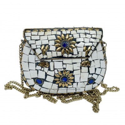 Nepali Handmade Small Ladies Bag With [stone Setting], [metal], [white And Golden Color]