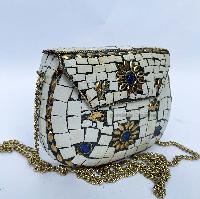 Nepali Handmade Small Ladies Bag With [stone Setting], [metal], [white And Golden Color]