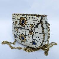 Nepali Handmade Small Ladies Bag With [stone Setting], [metal], [white And Golden Color]