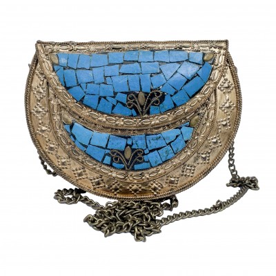 Nepali Handmade Small Ladies Bag With [stone Setting], [metal], [blue And Golden Color]