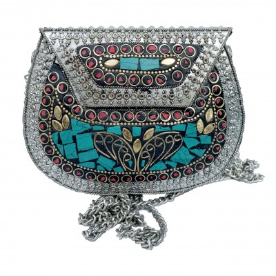 Nepali Handmade Small Ladies Bag With [stone Setting], [metal], [silver, Red And Blue Color]