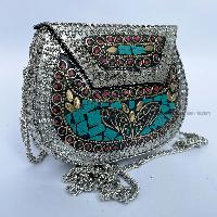 Nepali Handmade Small Ladies Bag With [stone Setting], [metal], [silver, Red And Blue Color]