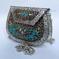 Nepali Handmade Small Ladies Bag With [stone Setting], [metal], [silver, Red And Blue Color]