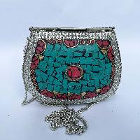 Nepali Handmade Small Ladies Bag With [stone Setting], [metal], [silver, Red And Blue Color]