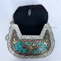 Nepali Handmade Small Ladies Bag With [stone Setting], [metal], [silver, Red And Blue Color]