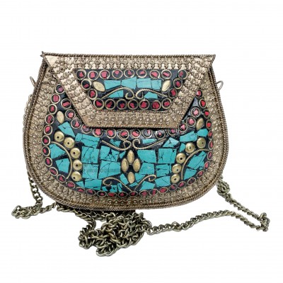 Nepali Handmade Small Ladies Bag With [stone Setting], [metal], [silver, Red And Blue Colo]