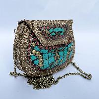 Nepali Handmade Small Ladies Bag With [stone Setting], [metal], [silver, Red And Blue Colo]