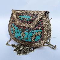 Nepali Handmade Small Ladies Bag With [stone Setting], [metal], [silver, Red And Blue Colo]