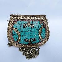 Nepali Handmade Small Ladies Bag With [stone Setting], [metal], [silver, Red And Blue Colo]