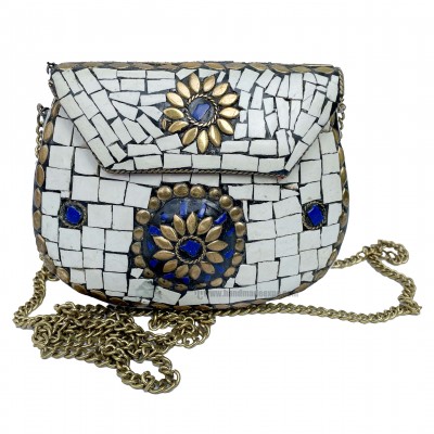Nepali Handmade Small Ladies Bag With [stone Setting], [metal], [white And Golden Color]