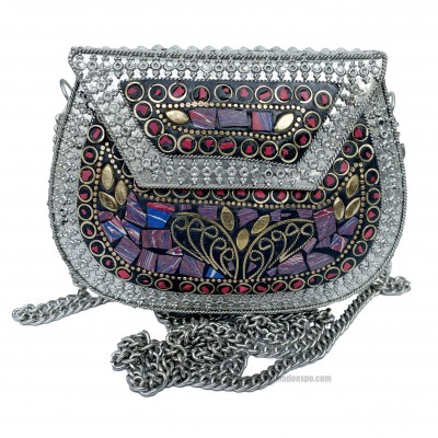 Nepali Handmade Small Ladies Bag With [stone Setting], [metal], [multi Color]