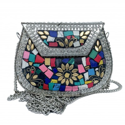 Nepali Handmade Small Ladies Bag With [stone Setting], [metal], [multi Color]