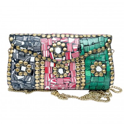 Nepali Handmade Large Size Ladies Bag With [stone Setting], [metal], [black, Pink And Green Color]