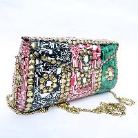 Nepali Handmade Large Size Ladies Bag With [stone Setting], [metal], [black, Pink And Green Color]