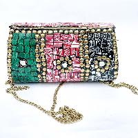 Nepali Handmade Large Size Ladies Bag With [stone Setting], [metal], [black, Pink And Green Color]