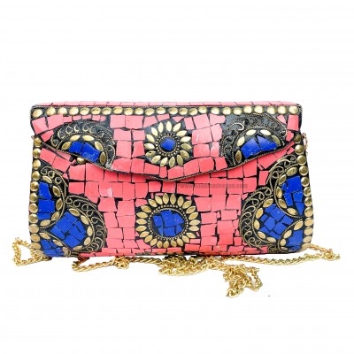 Nepali Handmade Large Size Ladies Bag With [stone Setting], [metal], [pink And Blue Color]