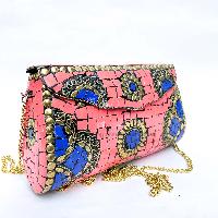 Nepali Handmade Large Size Ladies Bag With [stone Setting], [metal], [pink And Blue Color]