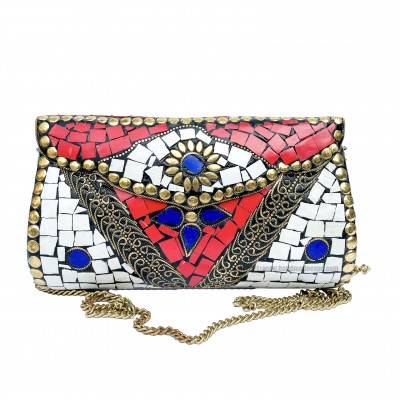 Nepali Handmade Large Size Ladies Bag With [stone Setting], [metal], [red, White And Blue Color]