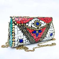 Nepali Handmade Large Size Ladies Bag With [stone Setting], [metal], [red, White And Blue Color]