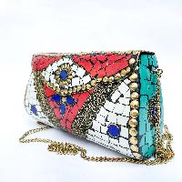 Nepali Handmade Large Size Ladies Bag With [stone Setting], [metal], [red, White And Blue Color]