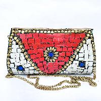 Nepali Handmade Large Size Ladies Bag With [stone Setting], [metal], [red, White And Blue Color]