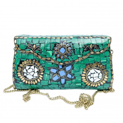 Nepali Handmade Large Size Ladies Bag With [stone Setting], [metal], [green Color]
