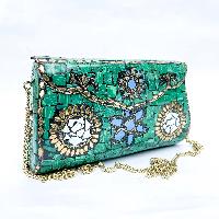 Nepali Handmade Large Size Ladies Bag With [stone Setting], [metal], [green Color]