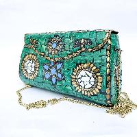 Nepali Handmade Large Size Ladies Bag With [stone Setting], [metal], [green Color]