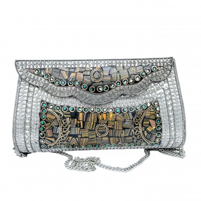 Nepali Handmade Large Size Ladies Bag With [stone Setting], [metal], [silver Color]
