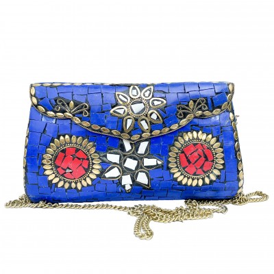 Nepali Handmade Large Size Ladies Bag With [stone Setting], [metal], [blue And Red Color]