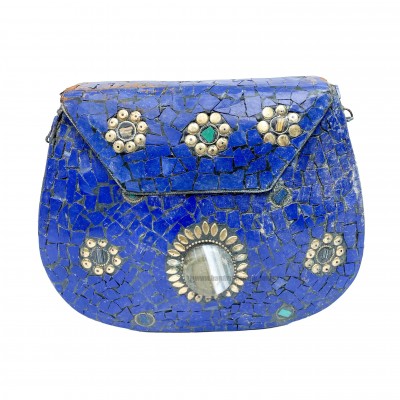 Nepali Handmade Large Size Ladies Bag With [stone Setting], [metal], [blue Color]