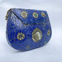 Nepali Handmade Large Size Ladies Bag With [stone Setting], [metal], [blue Color]